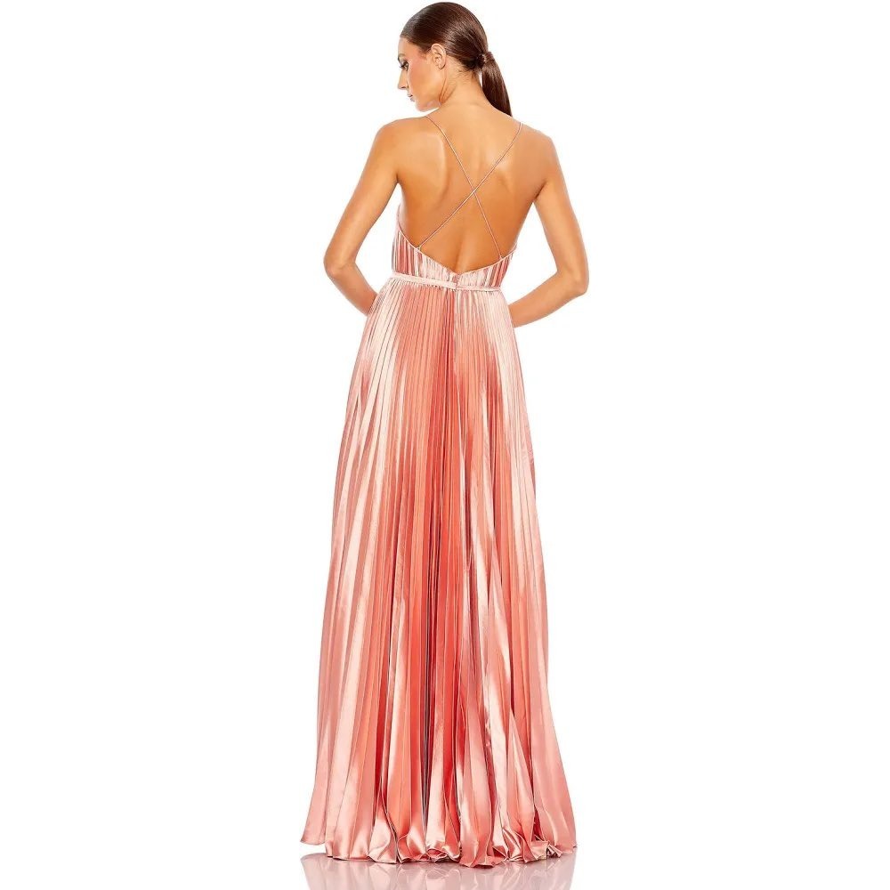 Mac Duggal 20309 Pleated Satin‎ Gown Rose Gold V-Neck Formal Dress Prom Pink 8 - Picture 3 of 16